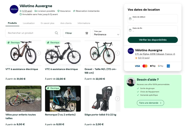 Écran de la plateforme de location de vélo Vélotino Auvergne